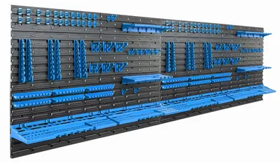 Image de Panneau mural pour outils, bleu, en plastique - 234 x 78 cm - Modulaire et adaptable - Fixation murale