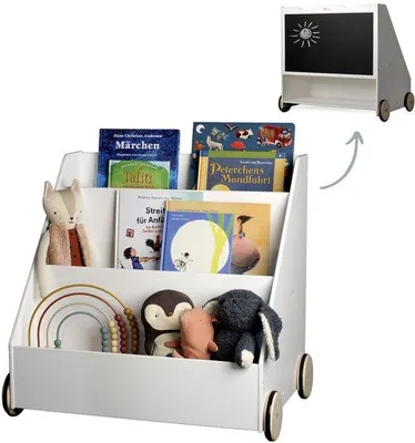 Produktbild von Unyqoos® Weißes Kinderbuchregal aus Holz mit Kreidetafel, 3 Fächer + Rückfach, 45×60×60 cm, 4 Holzrollen, schadstofffrei