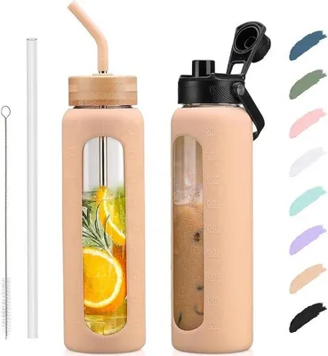 Obrázek produktu pro 900ml skleněná láhev s brčkem a silikonovým krytem, bez BPA, jantarová barva