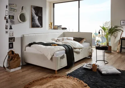 Produktbild von Meise Möbel Kinderbett FUN 140x200 cm | Bettgestell | Kopfteil & Rückenteil glatt | Webstoff Beige | Holzfuß eichefarbig