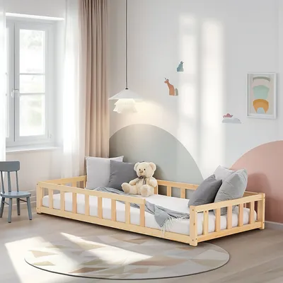 Produktbild von Homestyle4u Kinderbett Natur mit Rausfallschutz 90x200 cm Bodenbett Montessori Bett Lattenrost Kleinkindbett