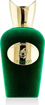 A product shot of a green velvet perfume bottle with a gold cap and label.