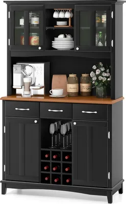 Produktbild von 184,5 cm hoher Küchenschrank, hohe Anrichte mit 3-fach verstellbaren Regalen, Türen aus gehärtetem Glas & Weinregal mit 9 Gittern, Schwarz