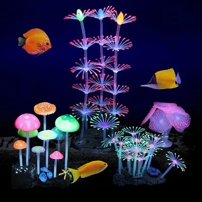 Image de Podazz, ensemble de 4 décorations corail en silicone pour aquarium, plantes artificielles