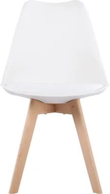 A white dining chair with wooden legs, shown from the front.