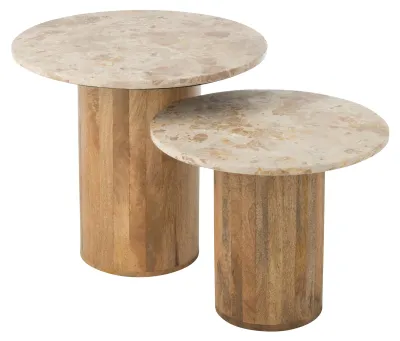 Produktbild von Set aus 2 runden Couchtischen aus Holz mit Marmoreffekt