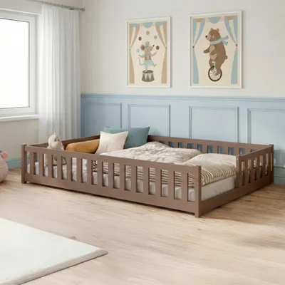 Produktbild von Kids Collective Kinderbett Bodenbett mit Rausfallschutz Lattenrost und Matratze Montessori Bett Bed Gitterbett Kinder Jugendbett Einzelbett | 120x200 cm | Milchschokolade