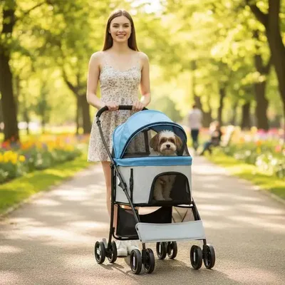 Image de Poussette pliable pour chien avec pare-soleil réglable