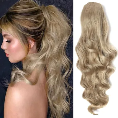Produktbild von Haarteil Pferdeschwanz Aschblond Lange Wellig Locken 60cm Kunsthaar Zopf mit Kordelzug