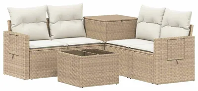 Imagen del producto de Juego de sofá de 6 piezas. Color beige y crema. Fabricado en ratán sintético y acero