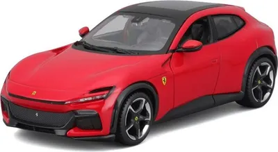 A red Ferrari Purosangue model car with a black roof, shown from a three-quarter front angle on a white background.