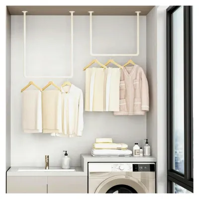 Produktbild von Kleiderstangen im Industrie-Design, Deckenmontage und Wandgarderobe, Garderobenstange aus Metall für Schlafzimmer, 69x60cm, 1er Set, Beige