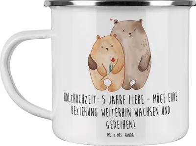 Produktbild von Mr. & Mrs. Panda Pott 5. Hochzeitstag Holzhochzeit - Weiß - Geschenk, Feier, Hochzeit, Heiraten, Campingtasse, Emaille Tasse, Liebe, Teetasse, becher, Geschenke, Heirat