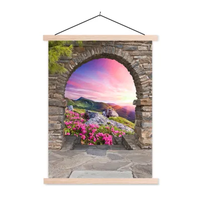 Produktbild von MuchoWow® Textilposter Landschaft - Aussicht - Blumen - Berg 60x80 cm mit holzfarbenen Rahmen - Wandbild