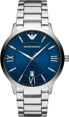 A close-up studio shot of a silver Emporio Armani watch with a blue dial.