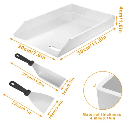 Image de Plaque de cuisson - Acier inoxydable - 20 x 30 x 4 cm - Argentée - Pour barbecues à gaz et au charbon - Répartition uniforme de la chaleur - 2 spatules de cuisson