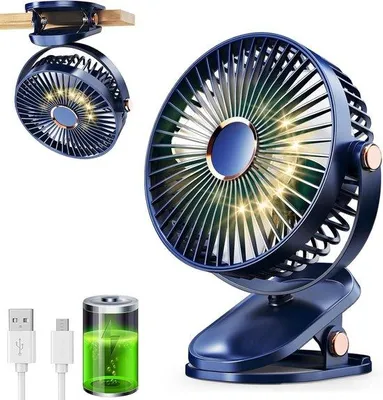 Produktbild von USB-Klippventilator mit LED-Licht - 5 Geschwindigkeiten - Mini, Stille & Ruhig - 360° Drehbar - 1200 mAh - Klein, für Zuhause, Büro, Kinderwagen, Camping