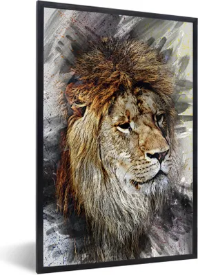 Produktbild von MuchoWow® MuchoWow® Gerahmtes Poster Löwe - Abstrakt - Gemälde 20x30 cm - Poster mit zchwarzem Bilderrahmen - Drucken - Bilder Poster im Rahmen