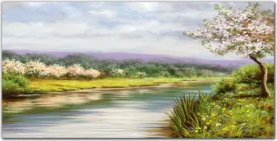 Produktbild von Coloray Bild aus Leinwand 100x50 Leinwand Dekoration - Baum Blumen Flusslandschaft