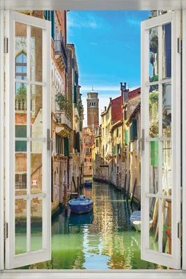 Produktbild von Wallario Poster mit Fenster-Illusion: Urlaub in Venedig  Kanal zwischen bunten Häusern, Größe: 100 x 150 cm