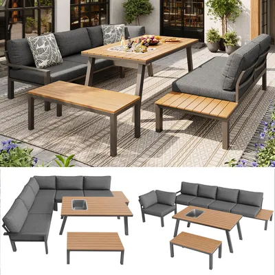 Produktbild von Modernes Gartenmöbel-Set, für 6-7 Personen, geeignet für Garten, Balkon, Terrasse, wetterfeste Sitzgruppe, Essgruppe, Tischplatte mit Eiskübel,grau