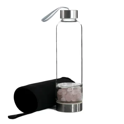 Produktbild von Intirilife Trinkflasche Wasserflasche mit Heilsteinen mit schwarzer Tasche - Rosenquarz - 400 ml Füllmenge - Flasche mit Edelsteinen Mineralsteinen