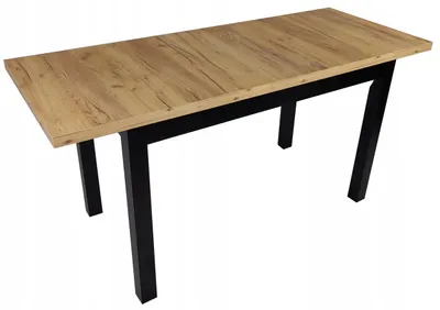 A rectangular table with a wood-grain top and black legs, presented against a white background.