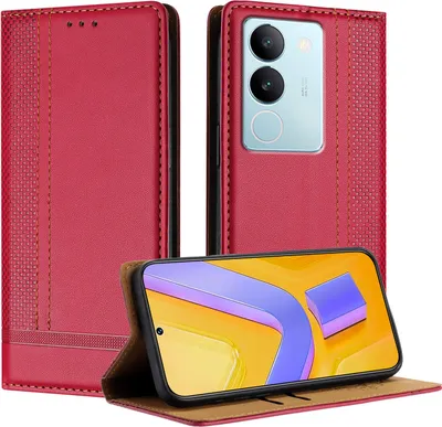 Produktbild von Handyhülle für Vivo V29 5G Leder Flip Klappbare Schutzhülle mit Standfunktion Rot