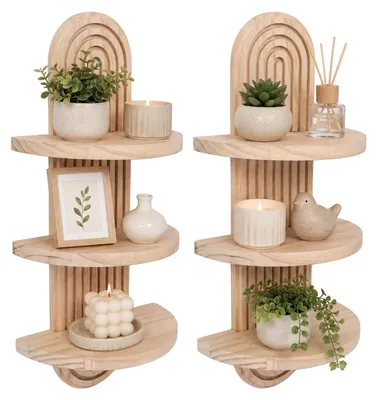 Productafbeelding van Relaxdays Wandplanken, set van 2, afmetingen (hoogte x breedte x diepte): 45 x 21,5 x 12 cm, hout, regenboogdesign, boho-stijl, zwevende plank met 3 legplanken, naturel