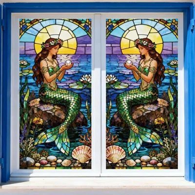 Productafbeelding van Raamdecoratie met afbeeldingen van zeemeerminnen en koraal, dubbelzijdig, herbruikbaar, 120 x 30 cm