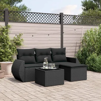 Produktbild von Design 5-tlg. Garten-Sofagarnitur mit Kissen Schwarz Poly Rattan, Gartenmöbel-Sets 2024 Neu