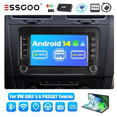 Obrázok produktu pre Autorádio 7 palcov, Android 14, GPS navigácia, Carplay, Android Auto, DAB+, Bluetooth, 2 DIN, dotyková obrazovka, vhodné pre modely VW Golf 5, 6, Passat B6, B7, Tiguan, Touran, Polo, Caddy, EOS