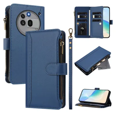Produktbild von Handyhülle für Nothing Phone 3A Pro Reißverschluss Geldbörse Kunstleder Klapphülle mit Kartensteckplatz, Ständer, Handschlaufe Dunkelblau
