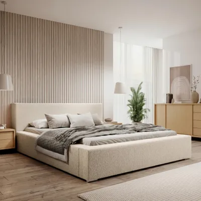 Produktbild von Polsterbett PIANI 180x200 Creme Boucle Stoff mit Bettkasten & Lattenrost