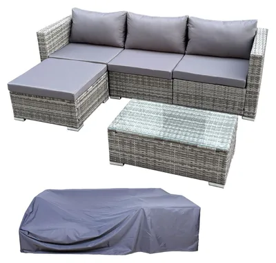 Productafbeelding van Loungeset - Polyrotan - Grijs - Bank, bijzettafel en kruk - Met afdekhoes - Voor tuin en terras