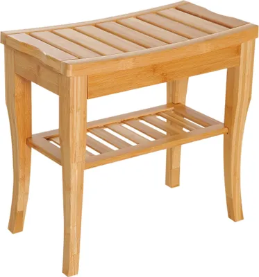 Obrázek produktu pro Bambusová koupelnová stolička s poličkou - Sprchová stolička/lavice do koupelny - Voděodolná - Robustní - 47,5 x 26 x 44,5 cm - Pro lázně a domácnost - Khaki barva
