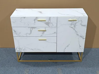 Produktbild von Sideboard Weiß Marmoroptik, Kommode mit 1 Tür und 3 Schubladen, Metallgestell Gold, Moderner Stauraumschrank für Wohnzimmer