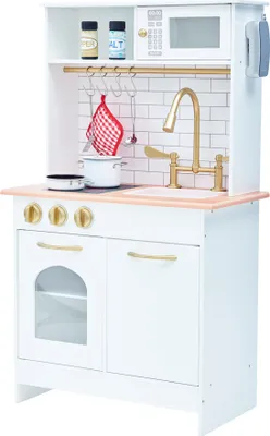 Produktbild von Teamson Kids Little Chef Boston Kompakte Bauernhaus-Spielküche aus Holz mit realistischer Spüle, Backofen und Mikrowelle, Weiß/Gold