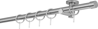 A close-up view of a metal curtain rod with rings attached, against a white background.