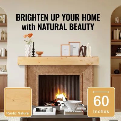 A fireplace mantel with decorative items and text overlay.