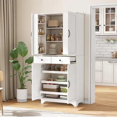Image de Armoire de cuisine Merax, modèle haut avec 2 tiroirs et 4 portes de réfrigérateur, meuble de rangement polyvalent pour salle à manger, salon ou cuisine, blanc