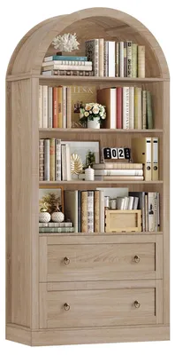 Produktbild von Bücherregal - Gebogenes Bücherregal mit Schubladen - 4 Einlegeböden - Freistehend - Holz - 79,5x36x177 cm - Eiche