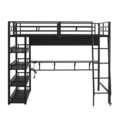 Produktbild von Hochbett mit Schreibtisch, Regal und Lattenrost, 140x200 cm, Kinderbett mit Rausfallschutz und Leiter, Metallbett