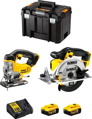 A collection of DeWALT power tools and accessories arranged on a white background.
