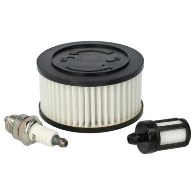 A set of chainsaw maintenance parts including an air filter, fuel filter, and spark plug, arranged on a white background.
