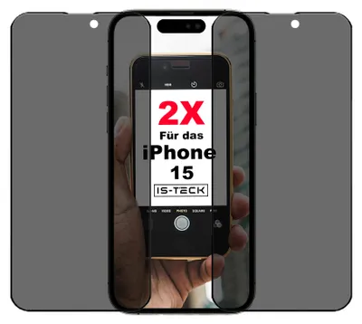 A hand holding an iPhone 15 with a privacy screen protector applied, showing marketing text overlayed on the screen.