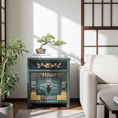 Produktbild von Kommode Nachtkästchen Nachttisch Nachtkommode Nachtschrank Nachtkonsole Möbel blau vintage shabby-chic antik asiatisch orientalisch chinesisch
