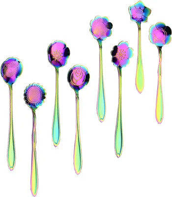 Produktbild von Blumenlöffel-Set, Regenbogen-Blumen-Tee-Teelöffel 8er-Set Edelstahl-Teelöffel, gemischte Löffel, Bunte Teelöffel-Reste für Kaffee, Zucker, Eistee, Eisbecher-Marmelade und Dessertlöffel