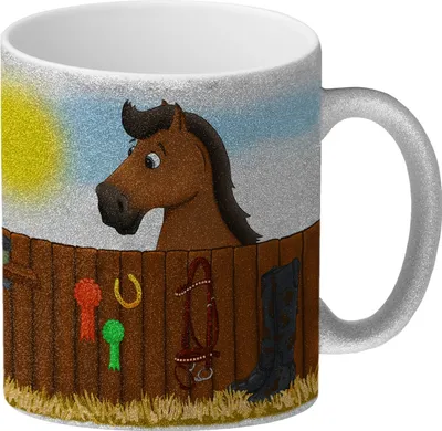 Produktbild von Glitzer-Glitzer-Kaffeebecher mit Turnierpferd Motiv