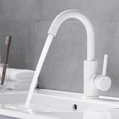 Immagine prodotto di Rubinetto da lavabo bianco Unyqoos® (per bagno e cucina) – Bocchetta girevole a 360°, aeratore a risparmio idrico (fino al 30%), modello H59A in ottone